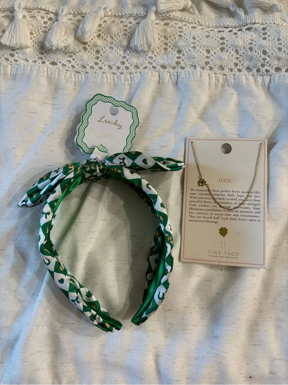 Shamrock Bundle! Lucky Green Headband and Tiny Tags Shamrock Necklace